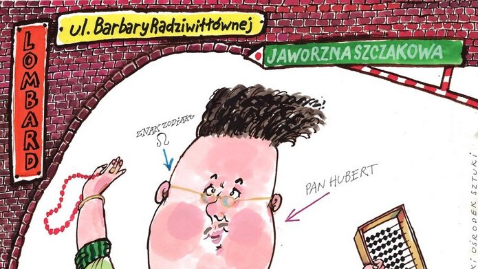 podskakujący mężczyzna, trzyma sznur korali i stare liczydło
